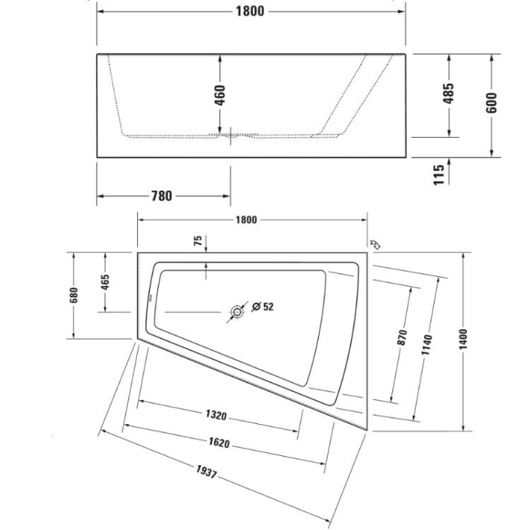 Ванна угловая Duravit Paiova 1800x1400 мм наклон спины справа 700269000000000