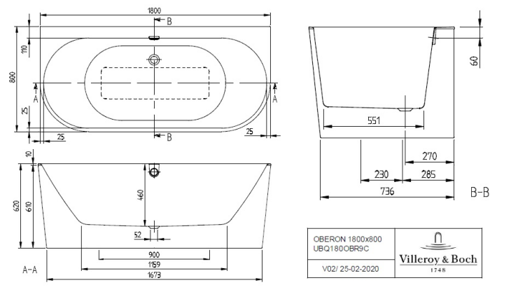 Ванна Villeroy & Boch Oberon 2.0 1800x800 мм Stone White UBQ180OBR9CD00VRW