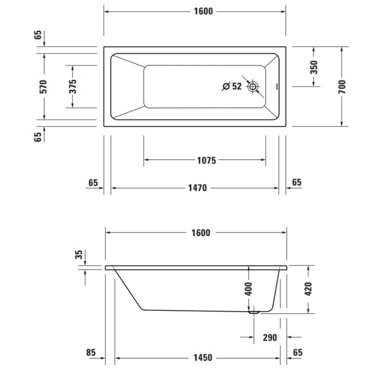 Ванна Duravit No.1 1600x700x420 мм встраиваемая цвет белый 700488000000000