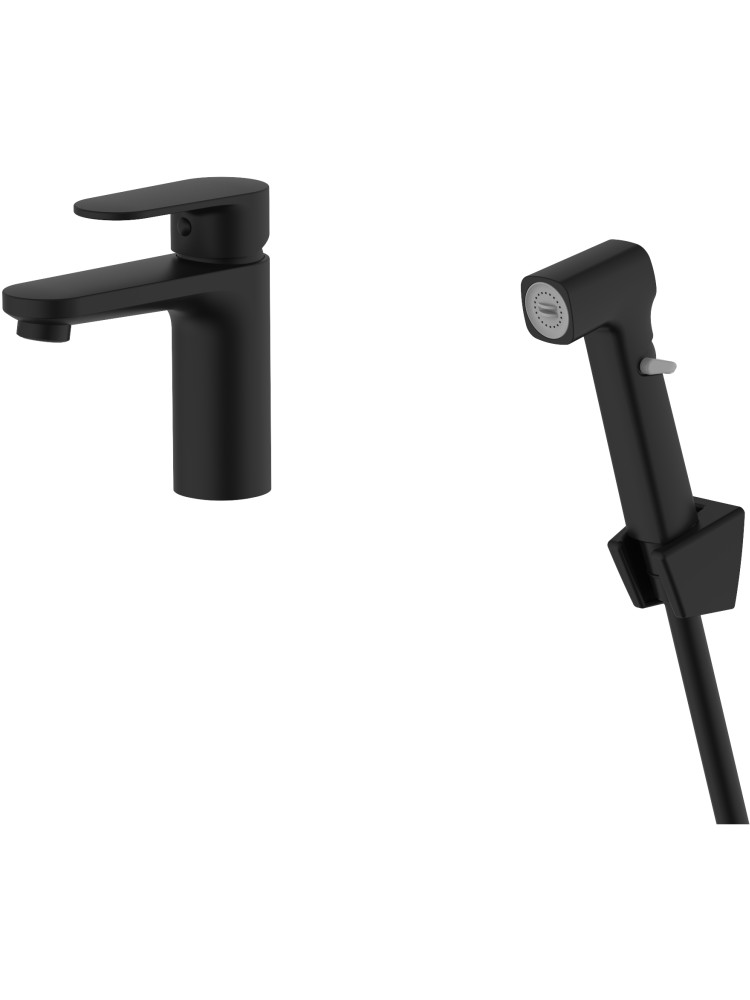 Смеситель для раковины Aquanet Ника с гигиеническим душем матовый черный AQ1812MB