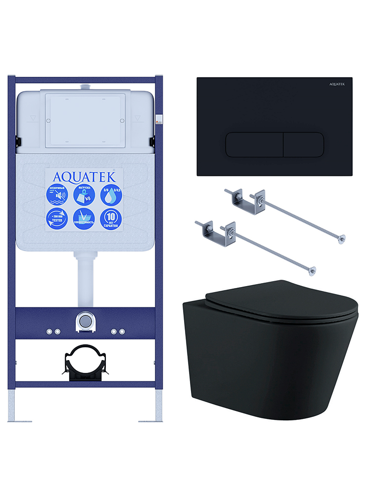Комплект инсталляции 4 в 1 AQUATEK ВЕГА (рама INS-0000012, кнопка KDI-0000017, унитаз AQ1905-MB) черный матовый MB-017