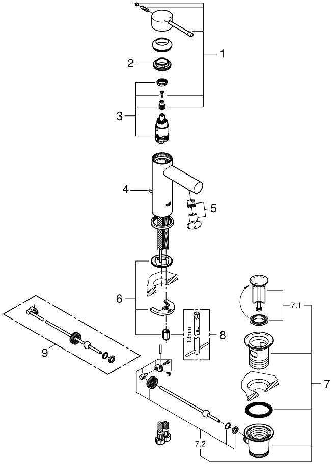 Смеситель для раковины GROHE Essence с донным клапаном и низким изливом хром 32898001