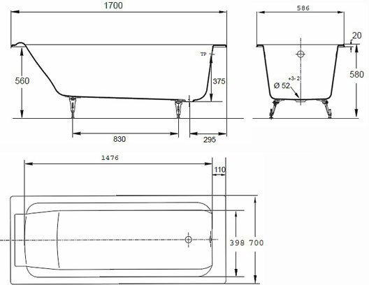 Ванна чугунная Jacob Delafon Parallel 170x70 см E2947-S-00