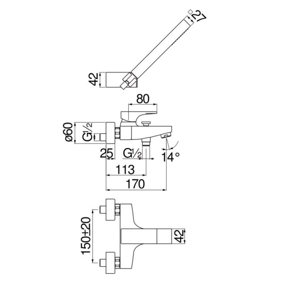 Смеситель для ванны Seven SE124110CR с душевым набором SE124110CR