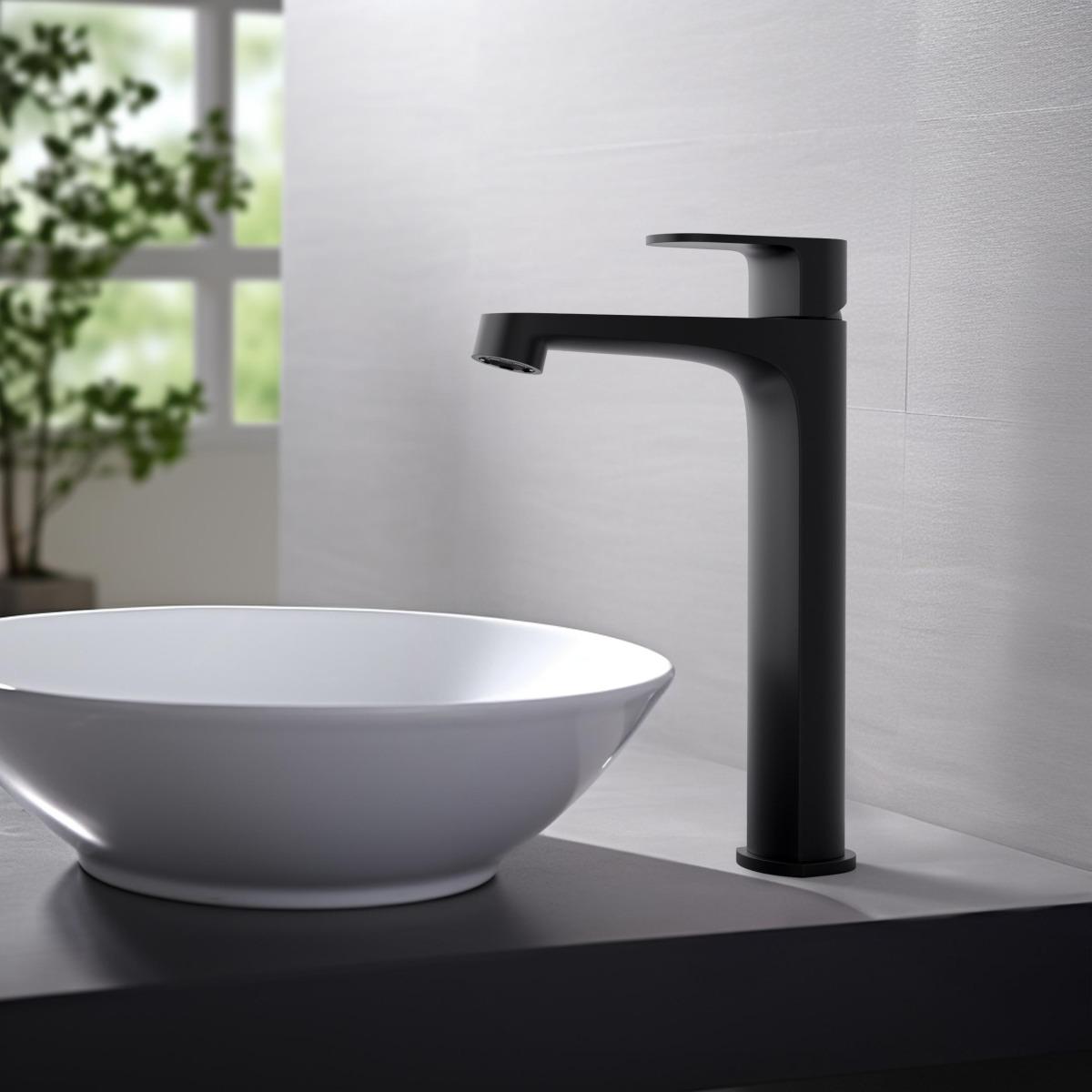 Смеситель для раковины высокий Aquanet Oberon 240 мм матовый черный AQ1204MB