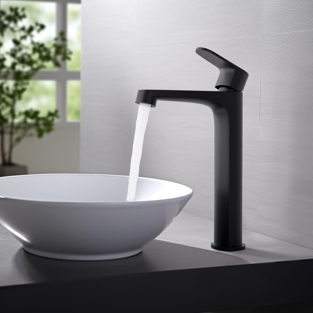 Смеситель для раковины высокий Aquanet Oberon 240 мм матовый черный AQ1204MB