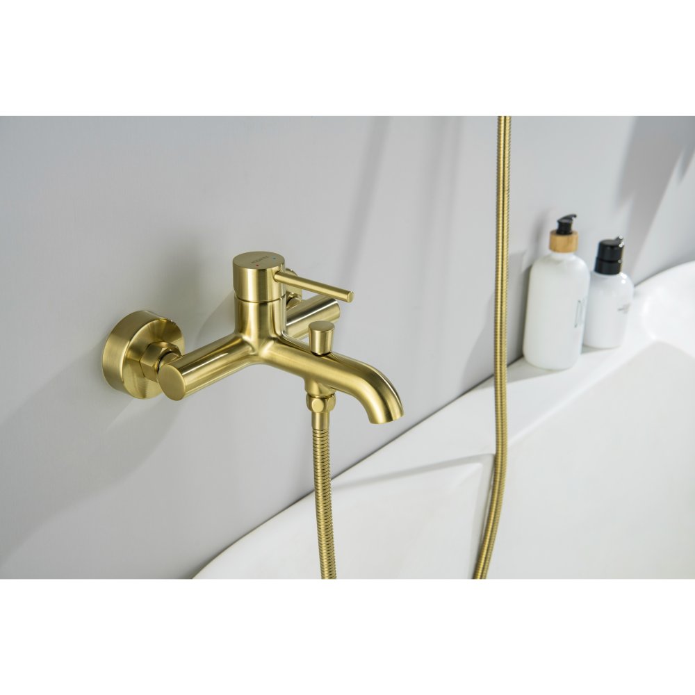 Смеситель для ванны Aquanet Европа с душевым набором 3jet шлифованное золото AQ1349BG