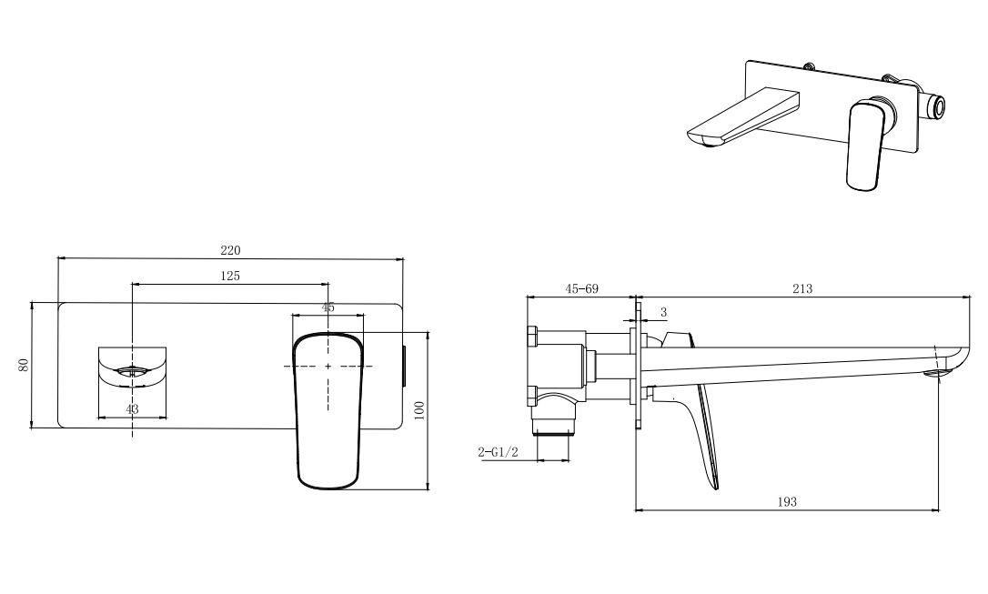 Смеситель для раковины Aquanet Вега настенный скрытого монтажа черный матовый AQ1013MB