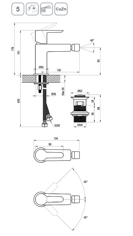 Смеситель для биде RAVAK Puri PU 055.20 с донным клапаном черный X070189