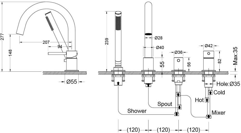 Смеситель на борт ванны Aquanet Европа на 4 отверстия матовый черный AQ1348MB