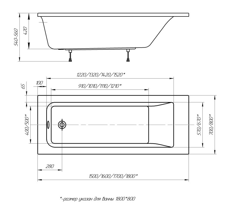 Ванна акриловая Triton Калибри 180х80 см прямоугольная KL180-0000001