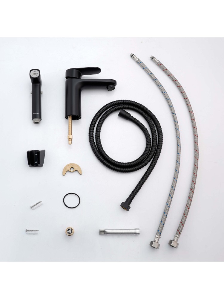 Смеситель для раковины Aquanet Ника с гигиеническим душем матовый черный AQ1812MB