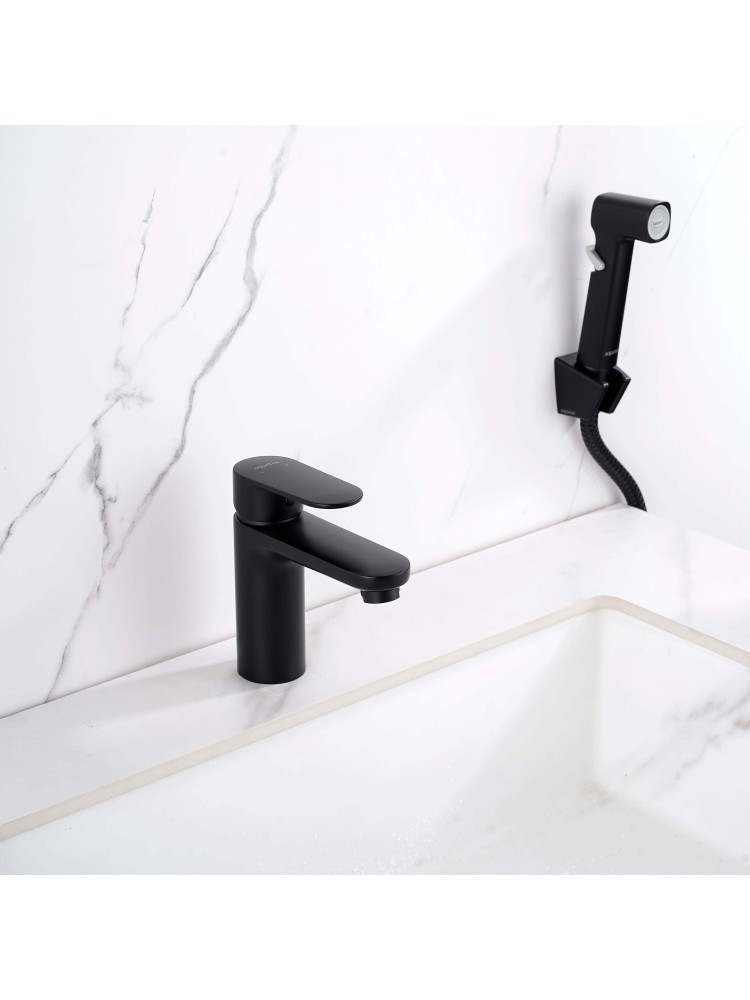 Смеситель для раковины Aquanet Ника с гигиеническим душем матовый черный AQ1812MB