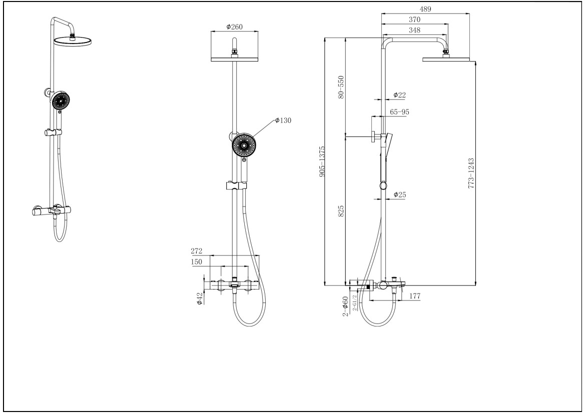 Душевая система с термостатом и смесителем для ванны Aquanet Вега 3jet 260 мм матовый черный AQ2043MB