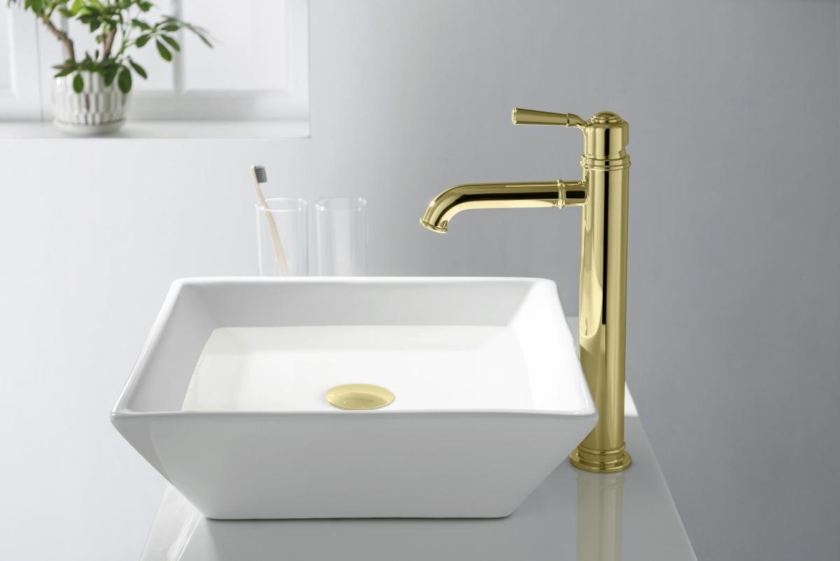 Смеситель для раковины высокий Aquanet КЛАССИК 235 мм без донного клапана полированное золото AQ1504PG