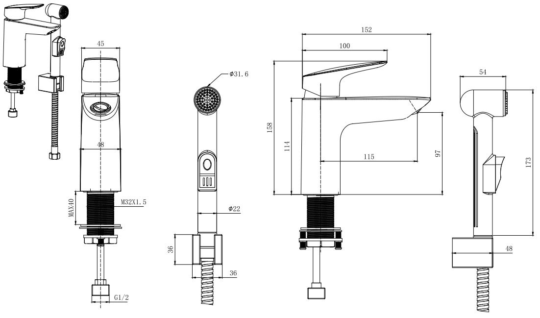 Смеситель для раковины Aquanet Вега с гигиеническим душем черный матовый AQ1012MB