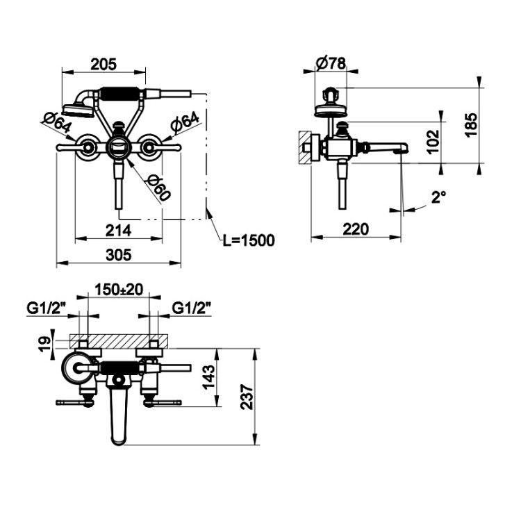 Смеситель для ванны и душа Gessi VENTI20 настенный цвет хром 65113031