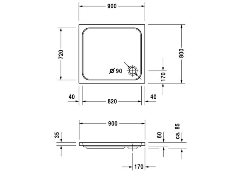 Душевой поддон Duravit D-Code 900x800 мм прямоугольный с антислипом белый 720105000000001