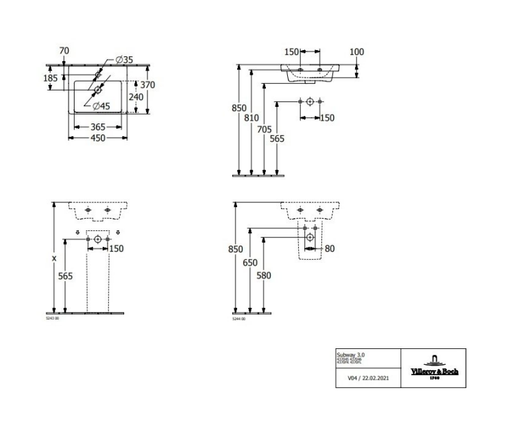 Раковина Villeroy & Boch Subway 3.0 450x370 мм 1 отверстие для смесителя CeramicPlus 437045R1