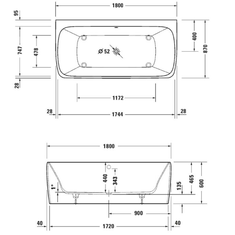 Ванна Duravit Qatego 1800x440 мм пристенная с двумя наклонами для спины 700615000000000