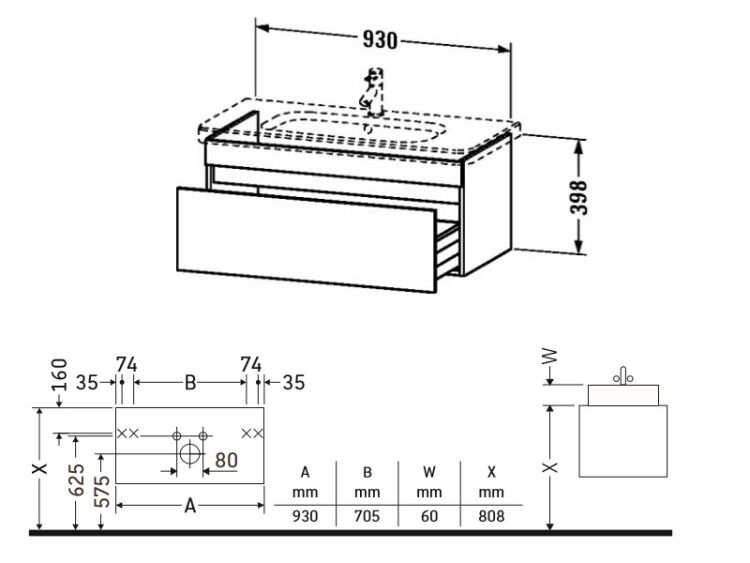 Тумба под раковину подвесная Duravit DuraStyle 930x448x398 мм, 1 ящик, базальт матовый DS638204343