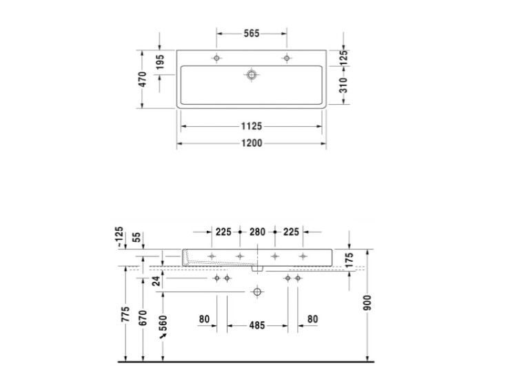 Раковина Duravit Vero 1200x470 мм 2 отверстия для смесителя 0454120026