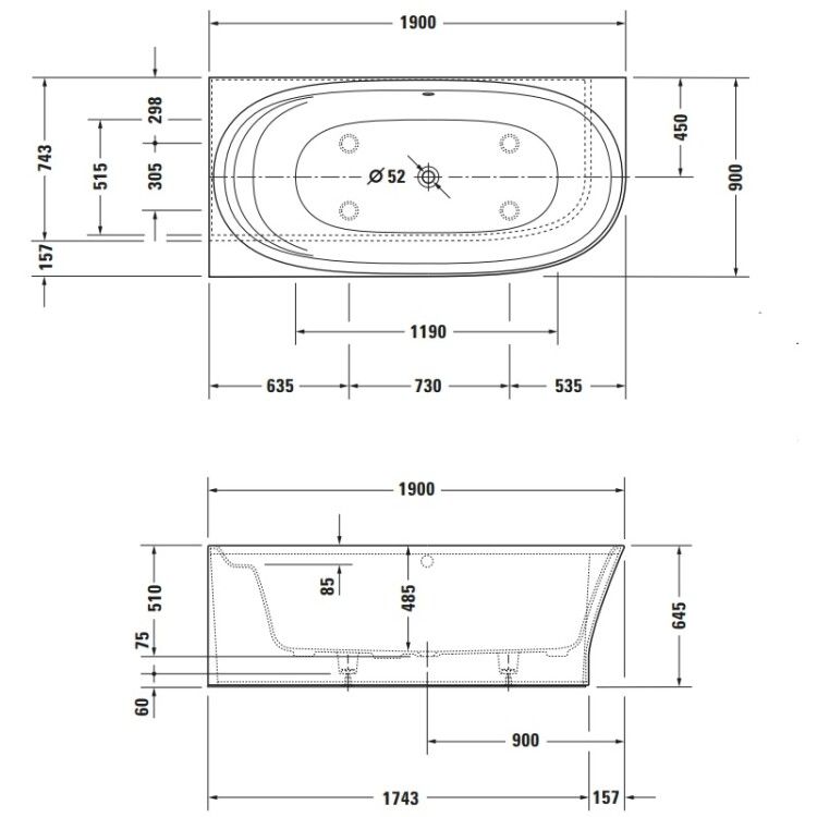 Ванна Duravit Cape Cod 1900x900x645 мм пристенная угловая левая цвет белый матовый 700362000000000
