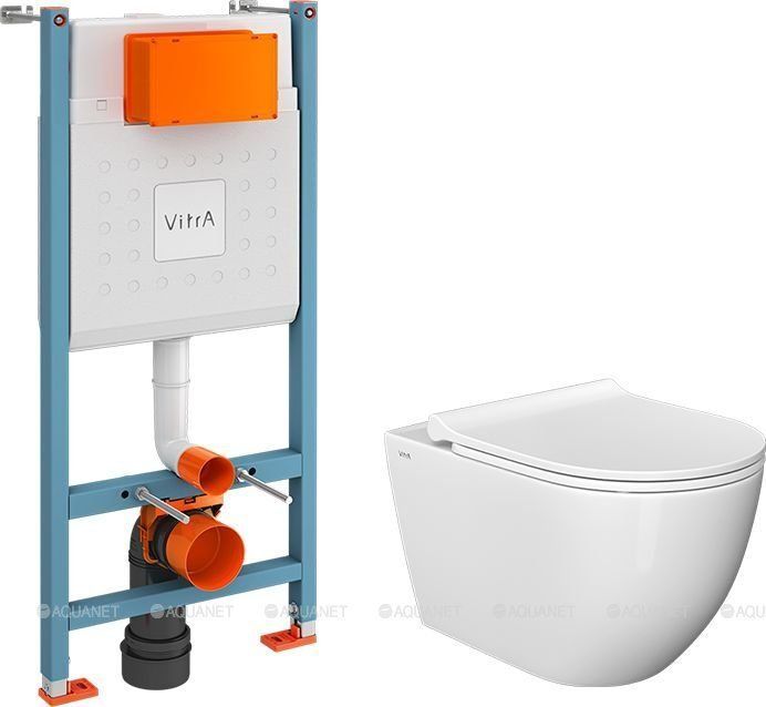 Комплект унитаз подвесной VitrA Mia Round SmoothFlush с тонким сиденьем микролифт и инсталляцией 9873B003-7205
