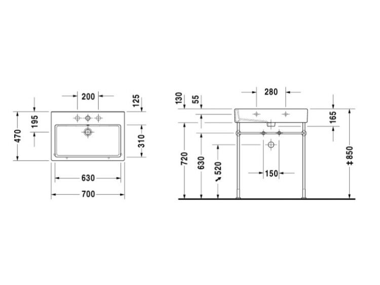 Раковина Duravit Vero 700x470 мм 1 отверстие для смесителя 0454700000