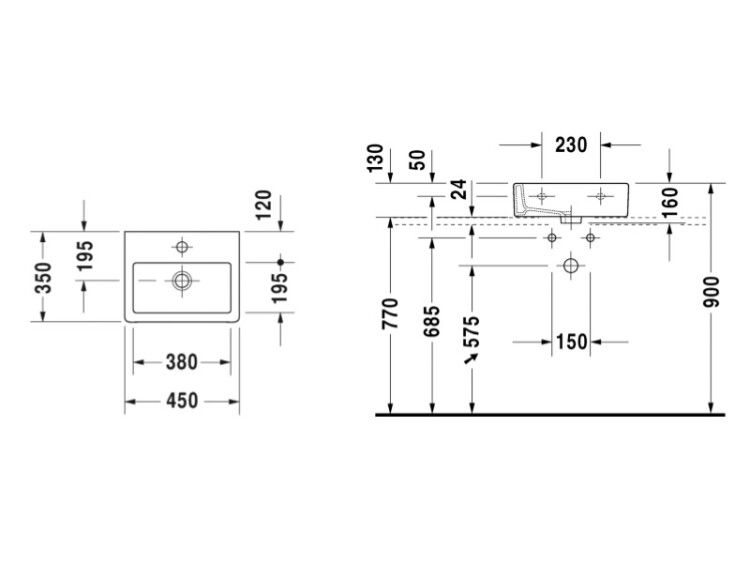Раковина Duravit Vero 450x350 мм шлифованная 1 отверстие для смесителя 0704450027