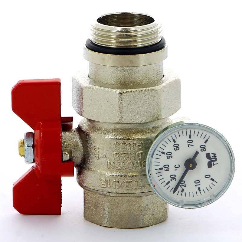 Кран шаровой Tiemme 1 НВ с разъемным соединением и термометром бабочка красная 2120043