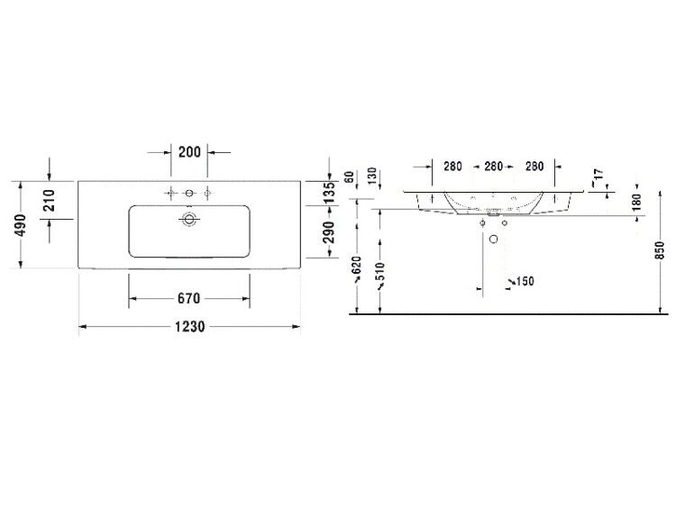 Раковина Duravit ME by Starck 1230x490 мм с 1 отверстием для смесителя цвет белый 2336120000