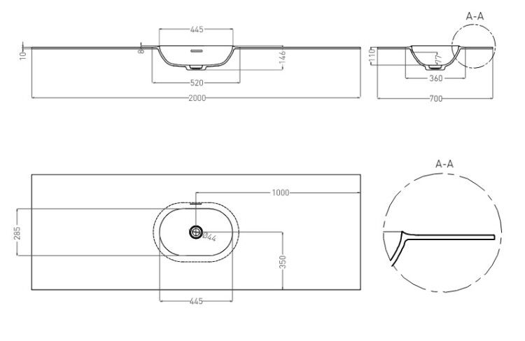 Столешница Salini Onda Edge Oval 1200x500x100 мм с интегрированной раковиной слева белый 14022041M