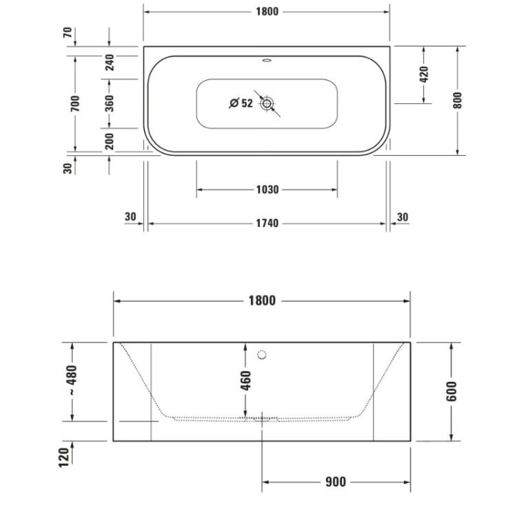 Ванна Duravit Happy D.2 1800x800 мм пристенная с двумя наклонами для спины 700318000000000