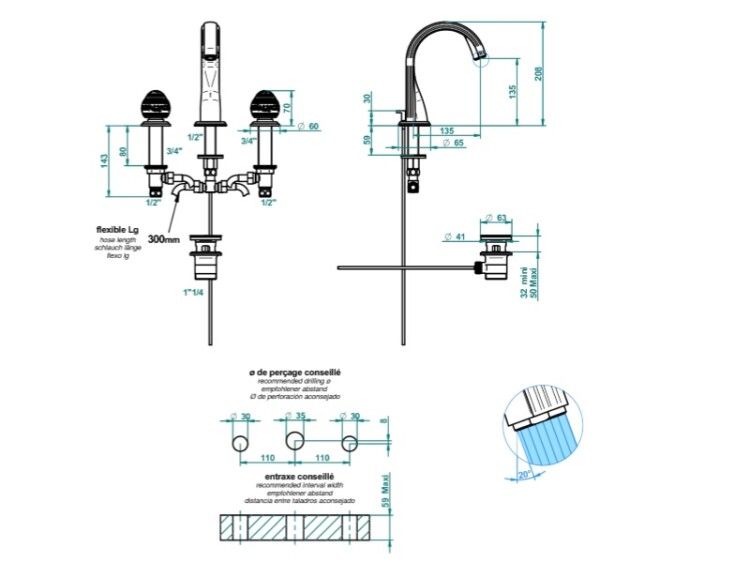Смеситель для раковины THG Marquise Decor Platine на 3 отверстия цвет хром A7GA02151M
