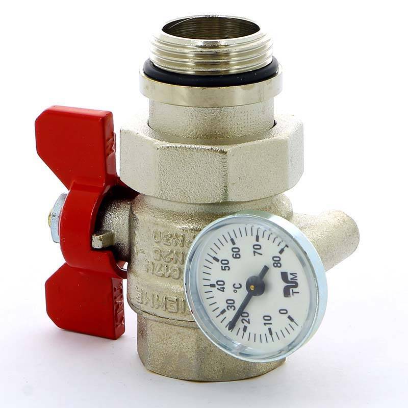 Кран шаровой Tiemme 1 НВ с разъемным соединением и термометром бабочка красная 2120043