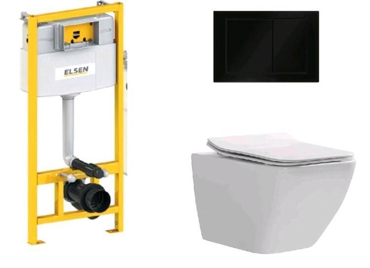 Комплект ELSEN E05 унитаз подвесной 360x530x365 мм инсталляция и клавиша черный матовый EIN5001120E05blackmatt818BSet