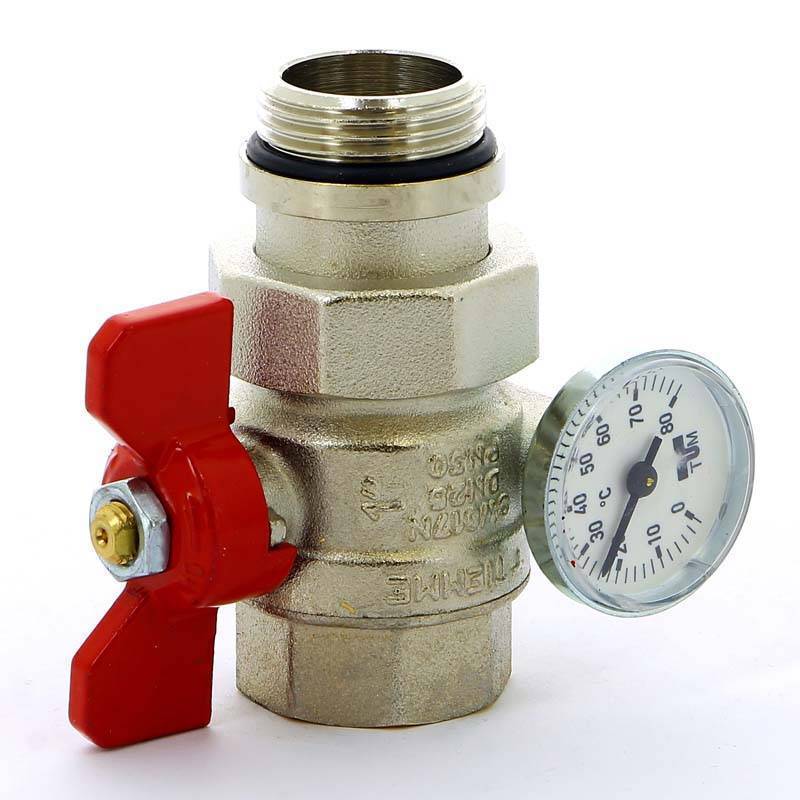 Кран шаровой Tiemme 1 НВ с разъемным соединением и термометром бабочка красная 2120043