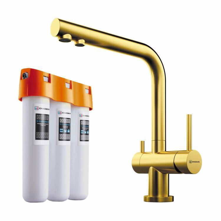 Смеситель для кухни OMOIKIRI Nagano с водоочистителем PURE DROP Lite светлое золото 41788028