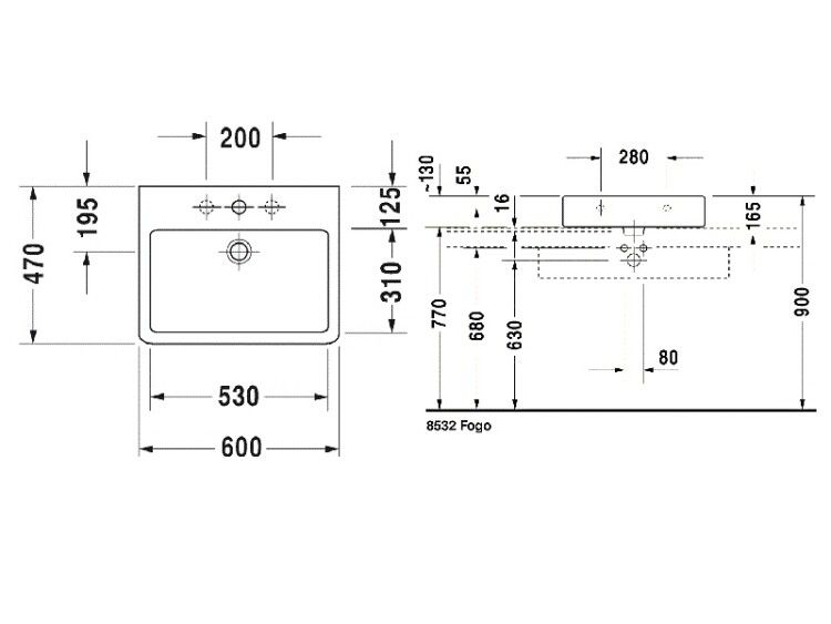 Раковина Duravit Vero 600x470 мм 1 отверстие для смесителя 0454600027