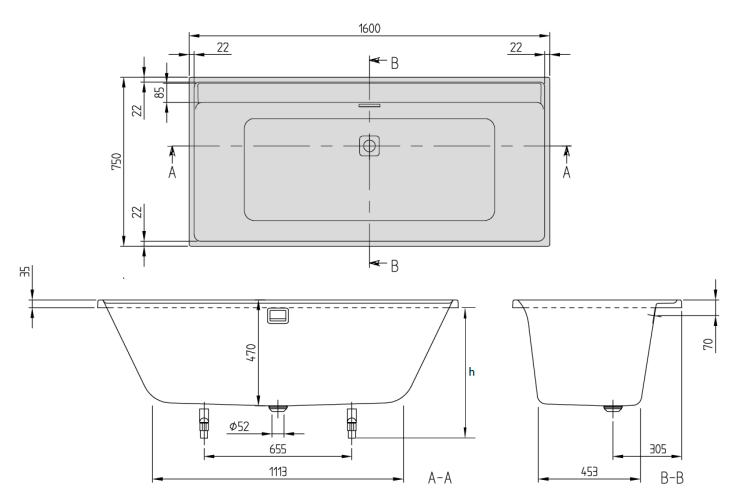Ванна Villeroy & Boch Collaro 1600x750 мм слив-перелив золото UBA160COR2JV01