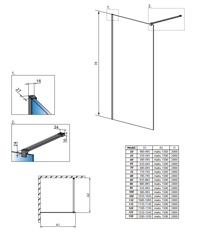 Душевая перегородка Radaway Modo X II 1500x2000 мм стекло Frame фурнитура черный матовый 389354-54-56