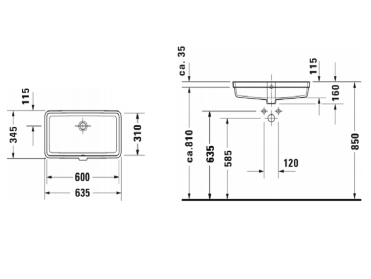 Раковина встраиваемая Duravit Vero Air 600x310 мм без отверстия под смеситель 0384600000