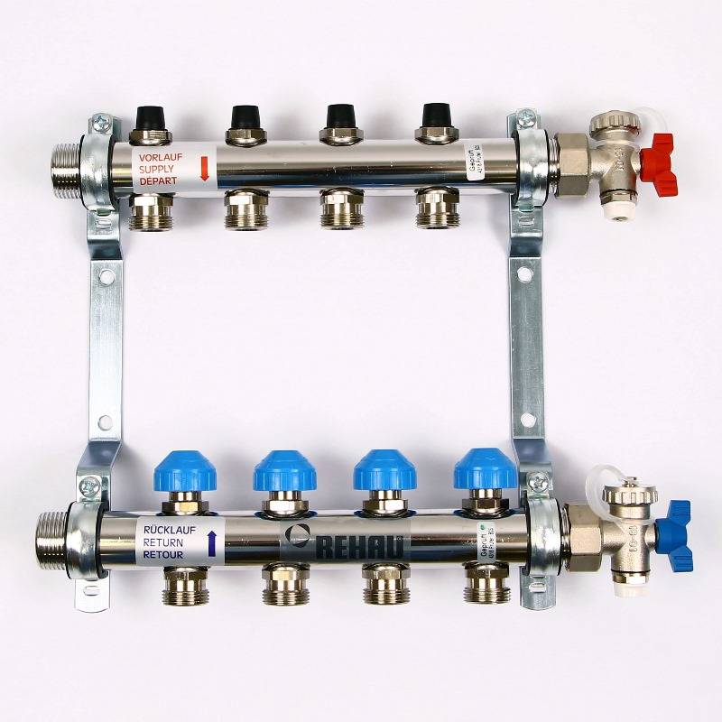 Коллекторная группа из нержавеющей стали Rehau HKV-D с регулирующими и термостатическими вентилями 1 x 3/4 EK 4 выхода 218041