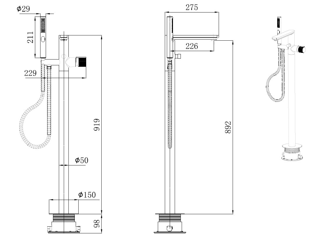 Смеситель для ванны Allen Brau Liberty напольный с ручным душем черный матовый 5.33012-31
