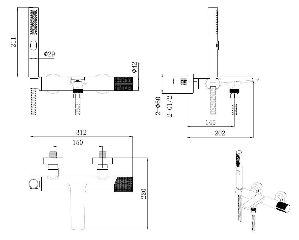 Смеситель для ванны Allen Brau Liberty на 2 отверстия с ручным душем черный матовый 5.33006-31