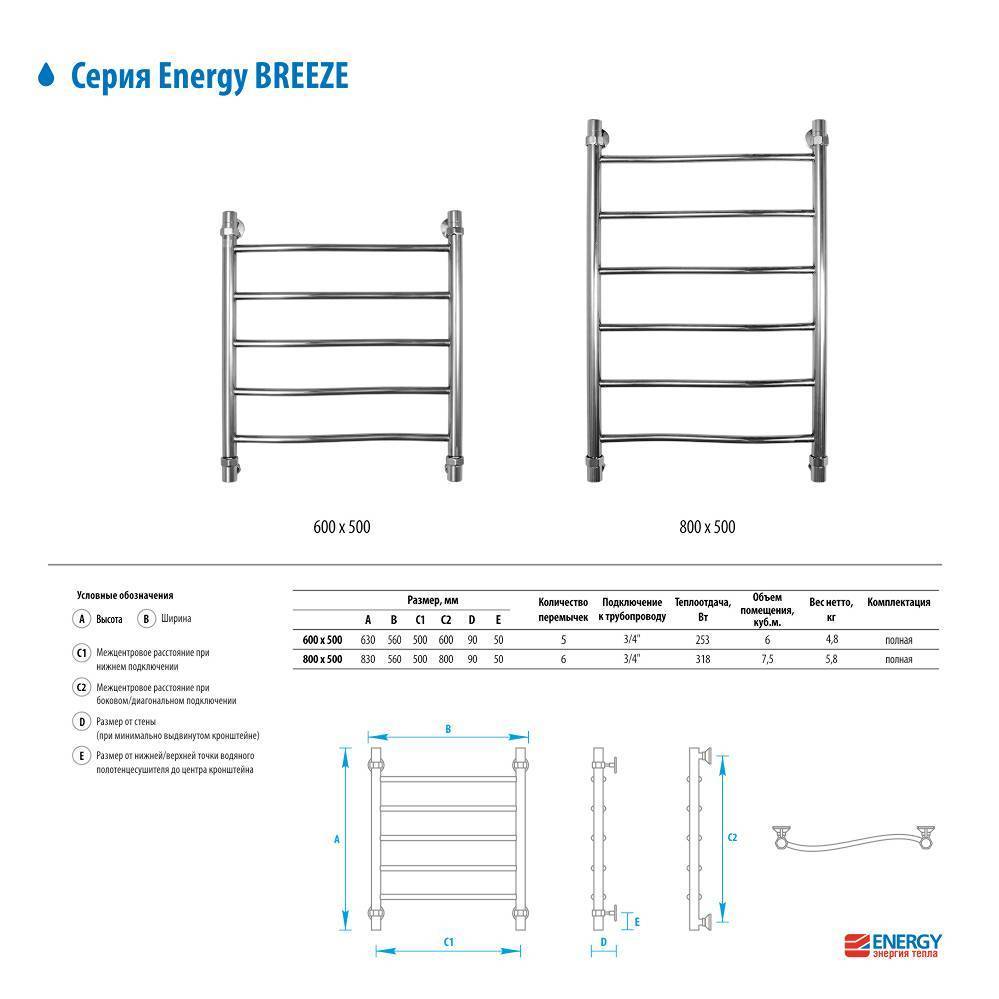 Водяной полотенцесушитель Energy Breeze 800x500 EWTRBREEZ0805000000
