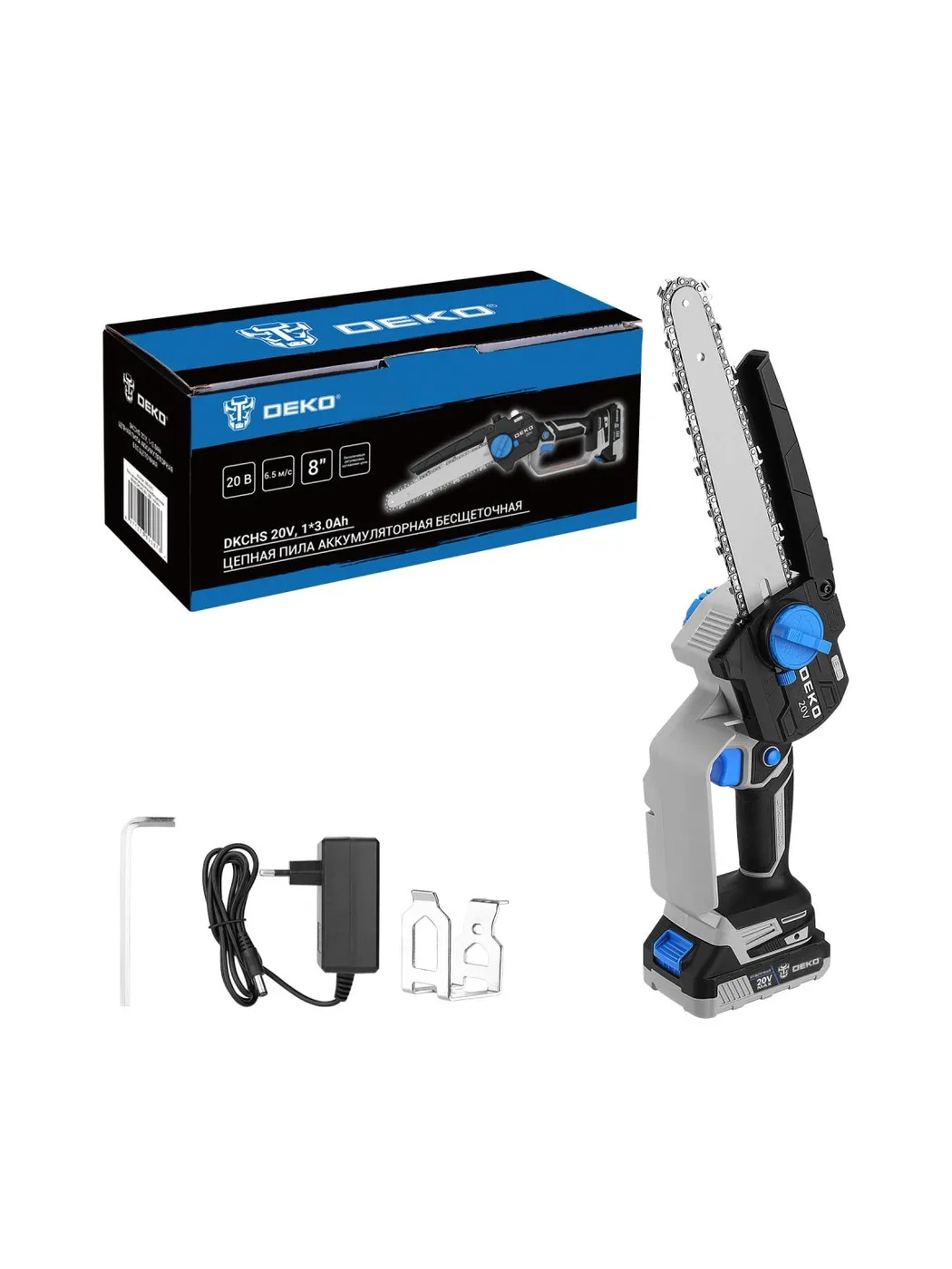 Пила цепная аккумуляторная бесщеточная DEKO DKCHS 20V 20 В 1x3.0 Ач 085-2010