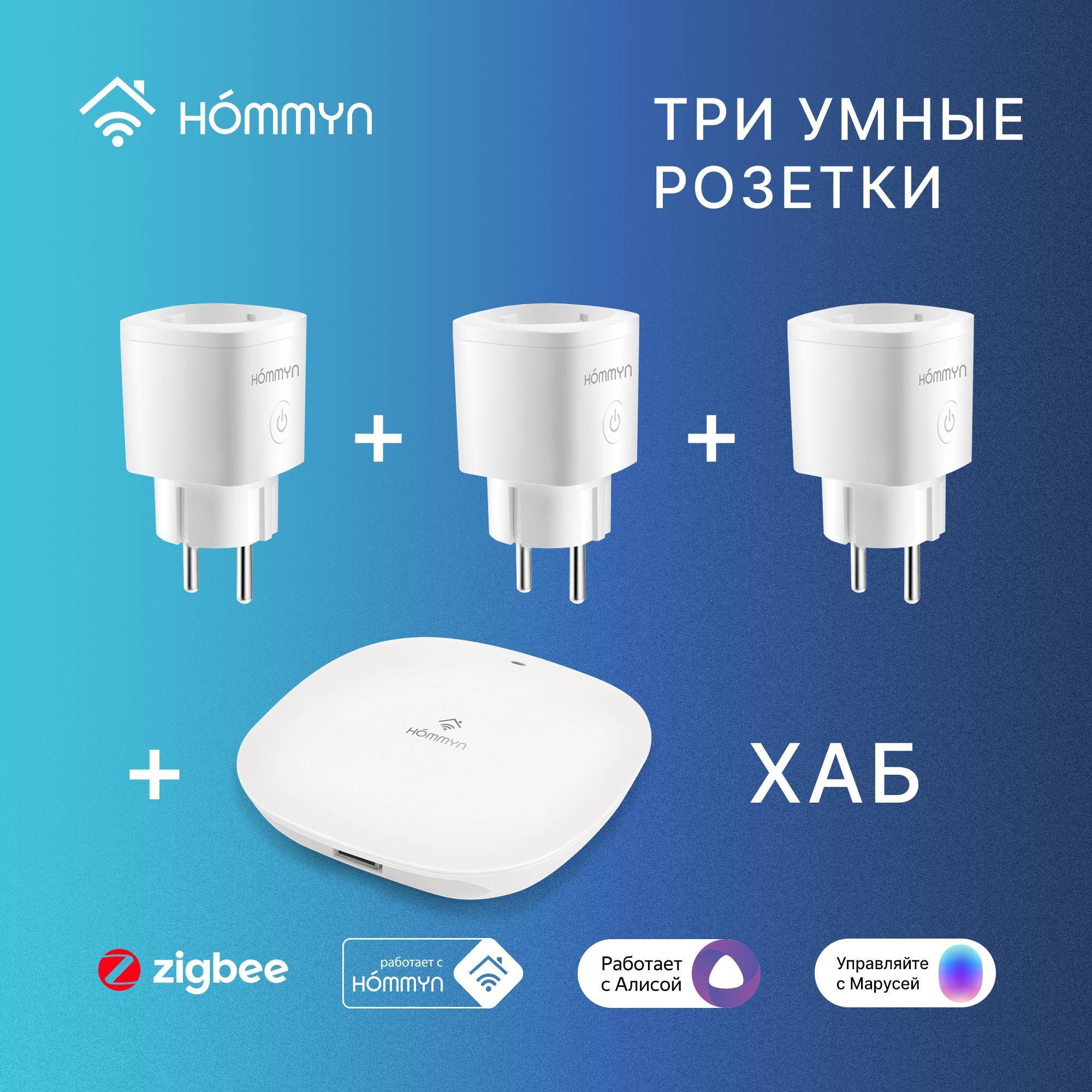 Комплект из 3 умных розеток и хаба HOMMYN SP3HOMKIT07