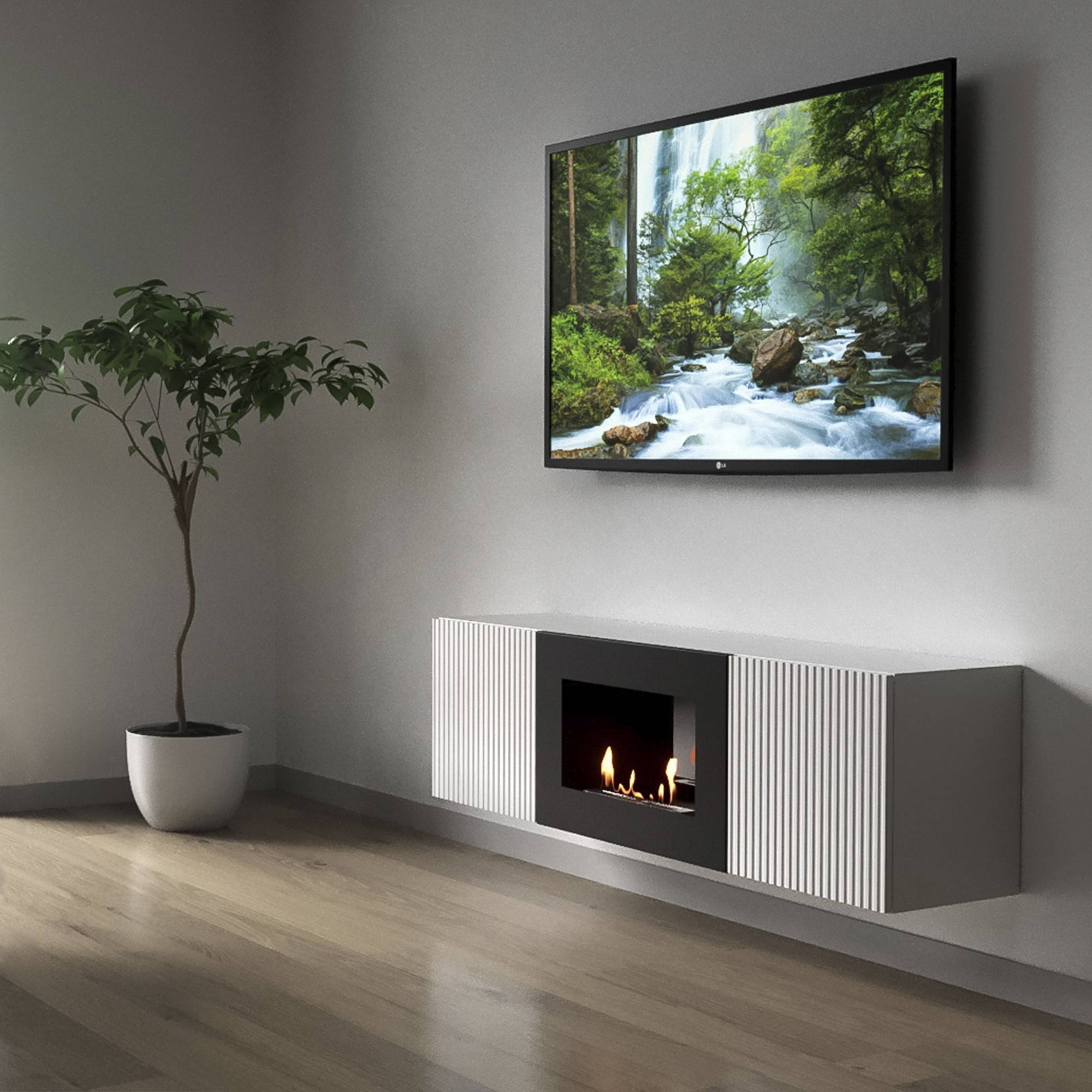 Каминокомплект тумба с биокамином Firelight BFP/P-1400L белая с набором керамических дров сосна НС-1708831